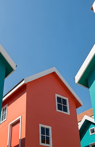 Maisons miniatures colorées architecture ciel bleu Façades colorées de maisons miniatures sous un ciel bleu éclatant, dominées par le corail, le turquoise et des bordures blanches.
